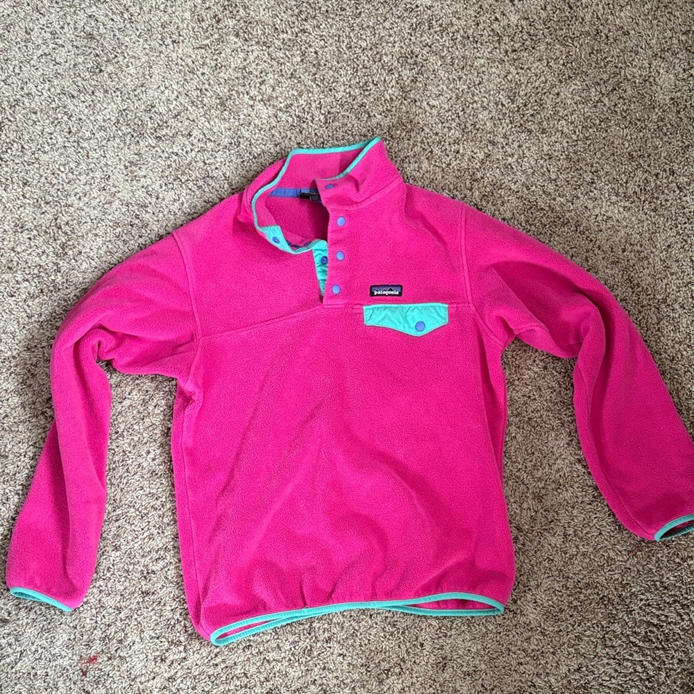 Patagonia Hot Pink Fleece Pullover with Teal Accents